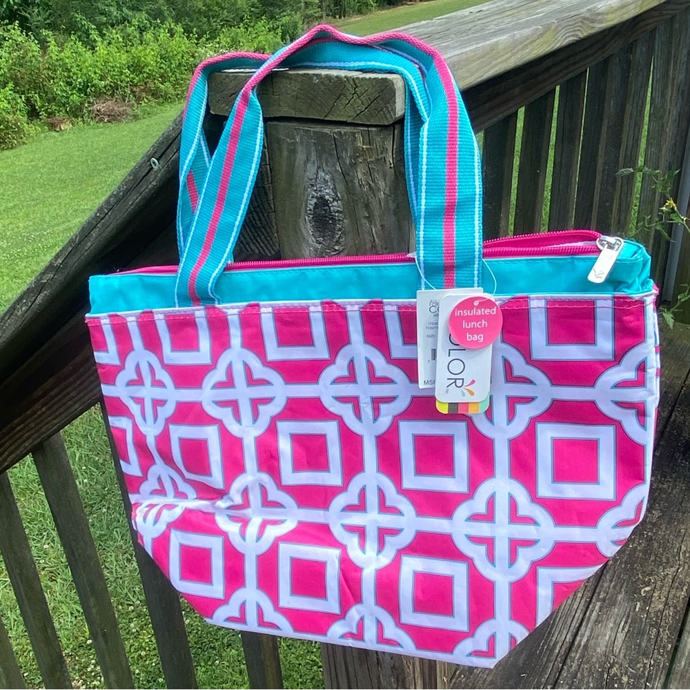 All for Color pink turquoise quatrefoil insulated lunch tote bag NWT